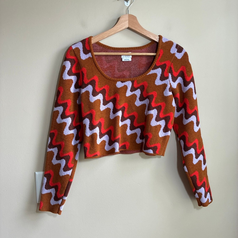 RVCA Wavy Chevron Cropped Knit Sweater Medium Brown Orange Women Retro Style